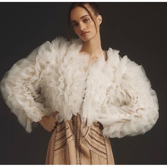 Anthropologie Lamarque Britney Ruffle Tulle Jacket Bolero Shrug Champagne Gold - Picture 2 of 16